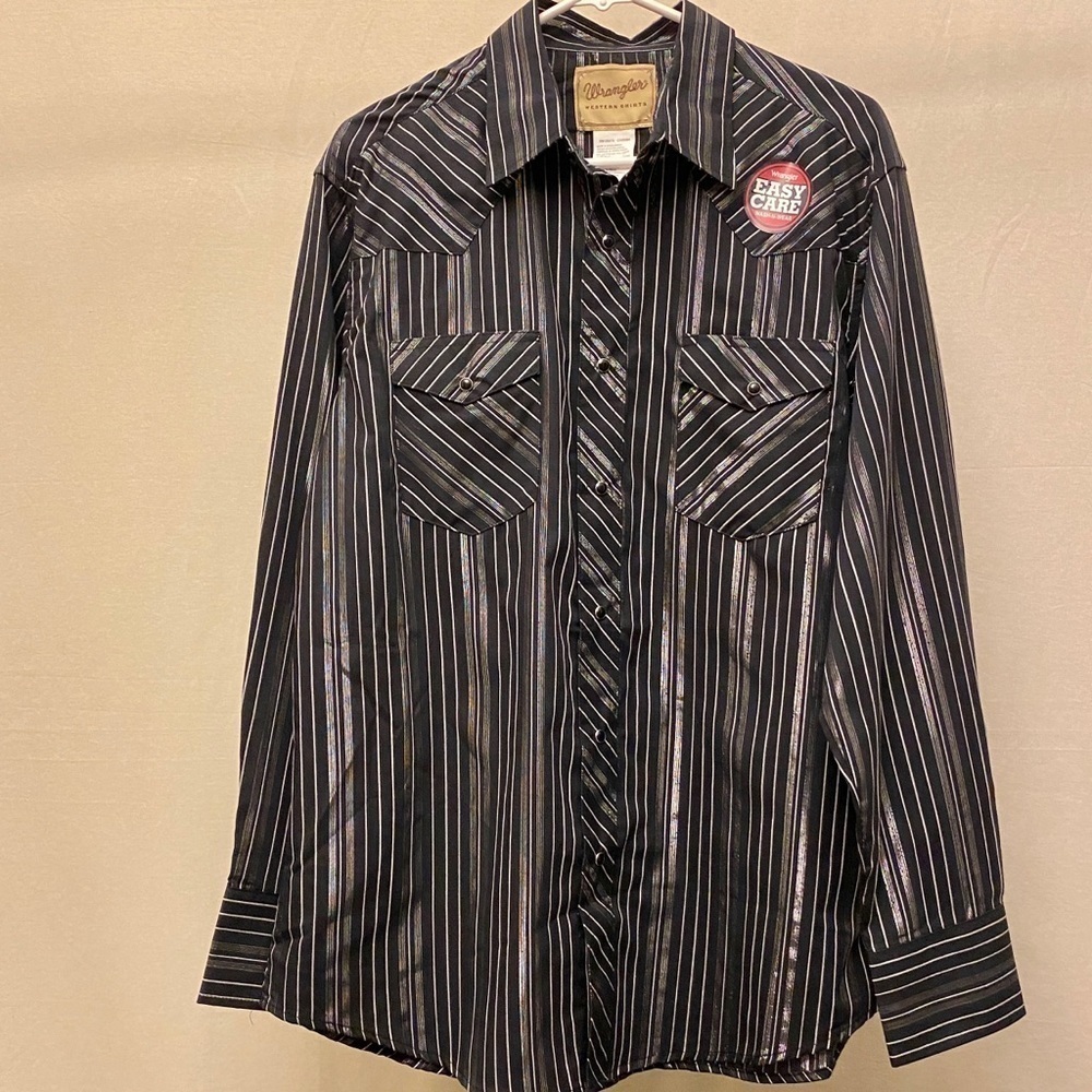 Wrangler NWT Black / Metallic Silver Western Cowboy Long Sleeve Shirt, Size Lg - Picture 2 of 8